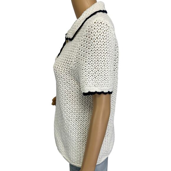J. Crew Short Sleeve Crochet Cardigan Sweater Ivory Navy CJ215 Size M - Picture 7 of 13